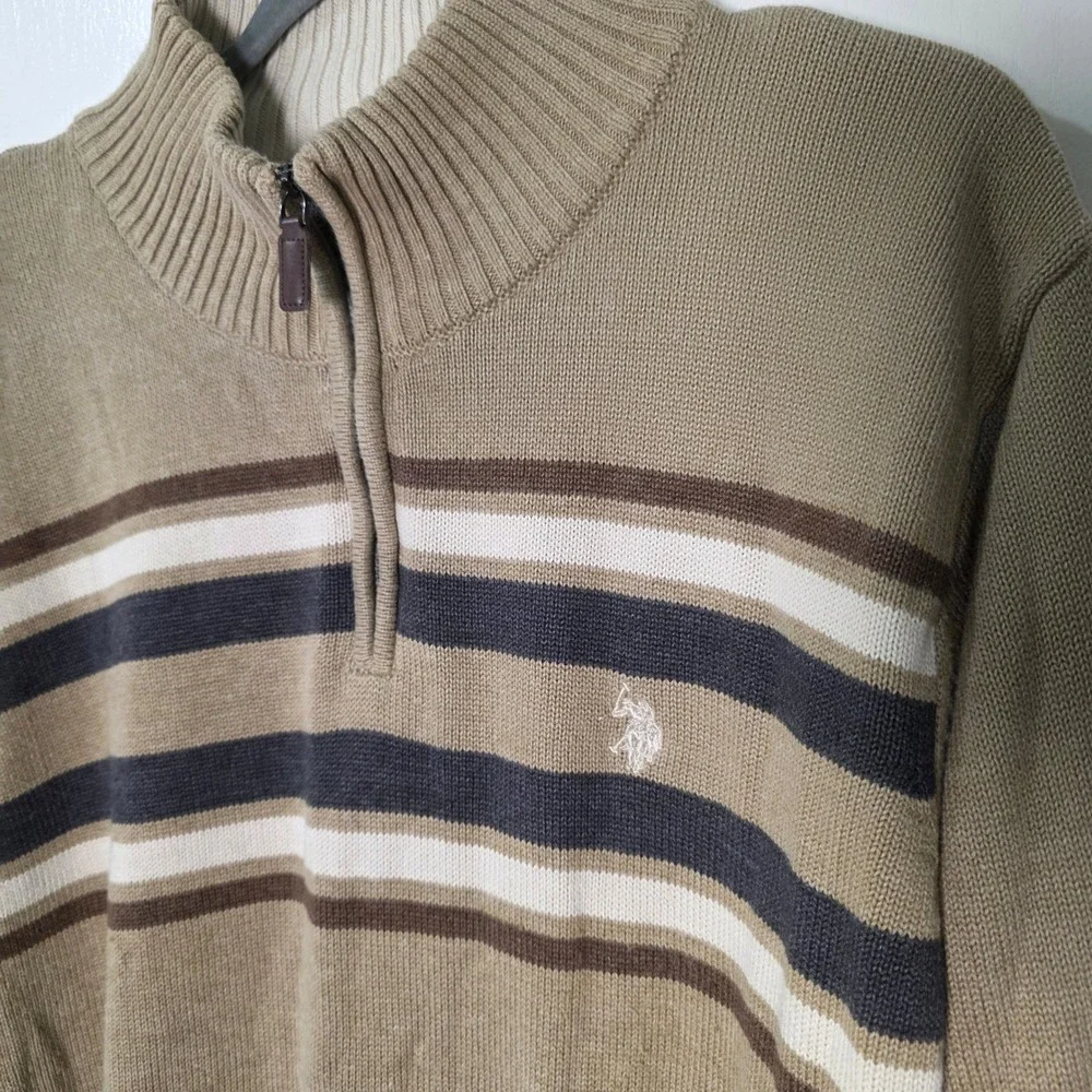 US Polo Assn Quarter Zip Sweater Mens XL Brown Stripe Mock Neck granola gorpcore